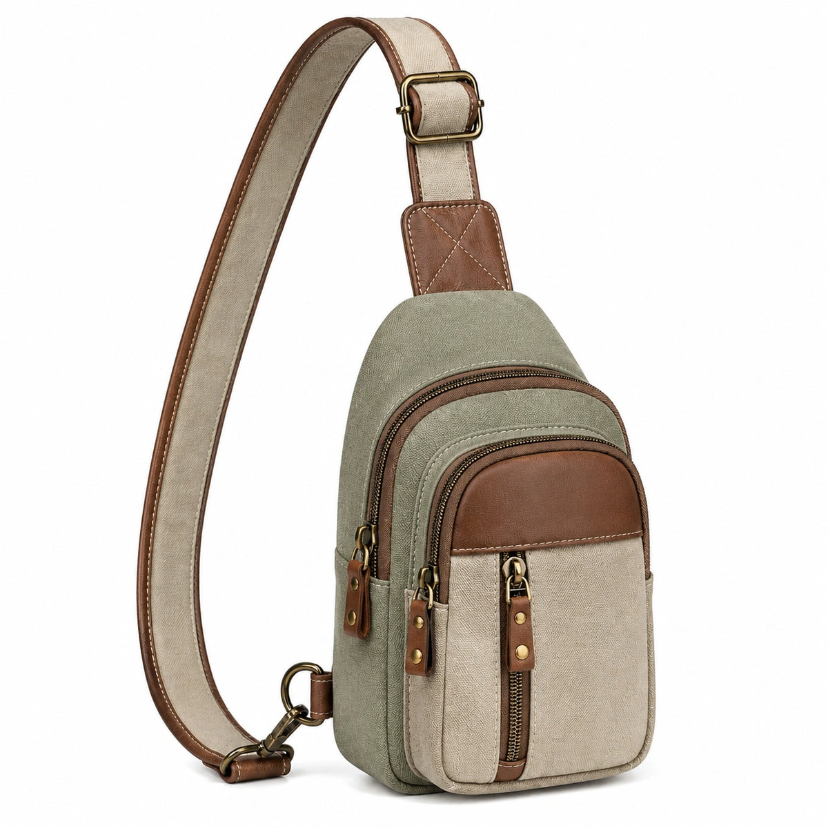 Mochila bandolera 30 cm de piel sintética verde grisáceo y marrón con bolsillos con cremallera