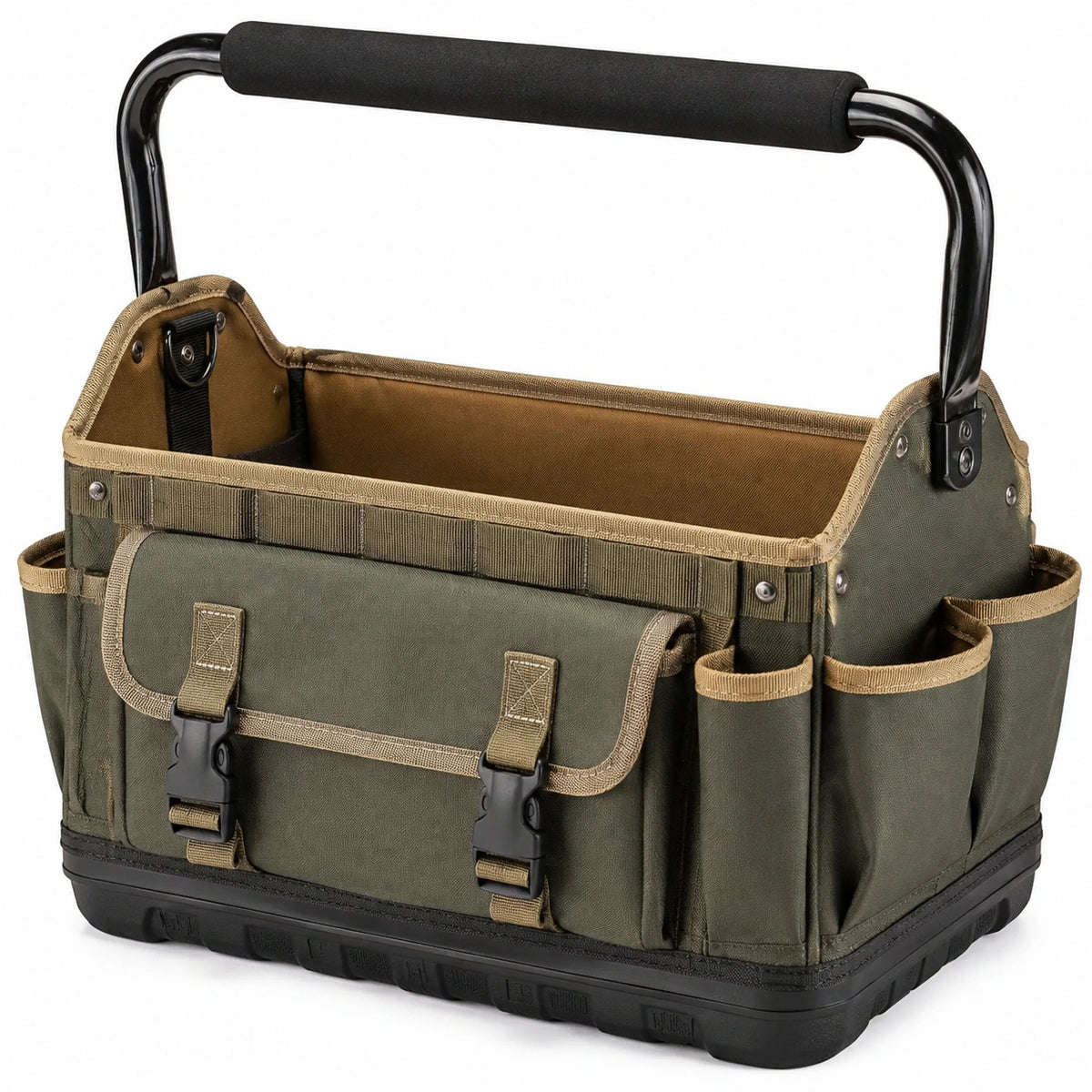 Bolsa organizadora de herramientas 40 x 25 x 30 cm de tejido verde con asa metálica y bolsillos