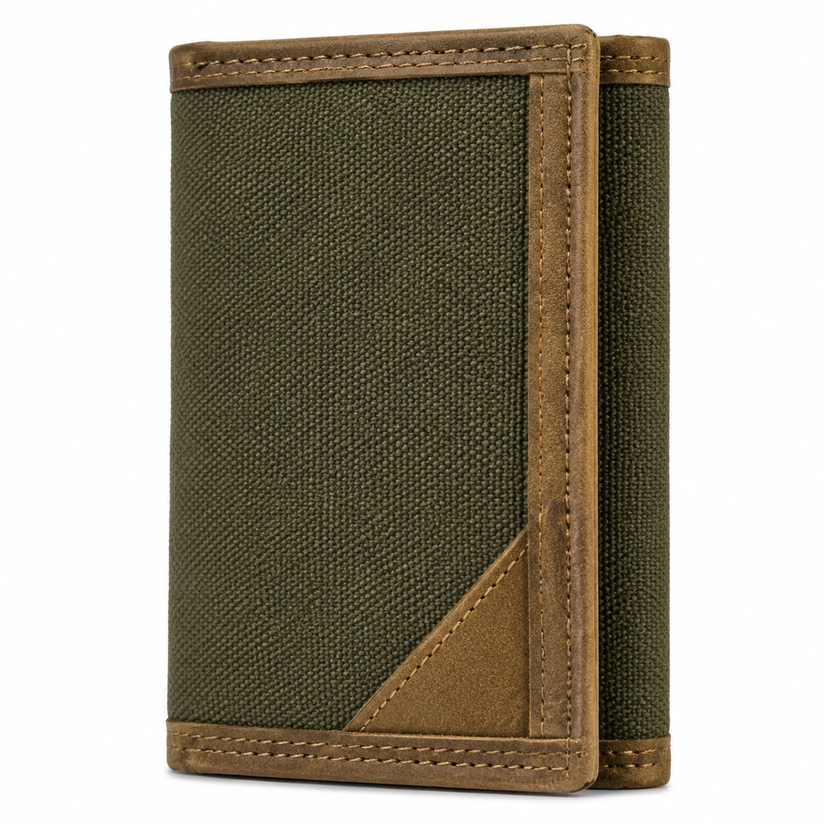 Cartera tarjetero 10 x 7 x 1 cm de tejido verde oliva con ribete marrón plegable