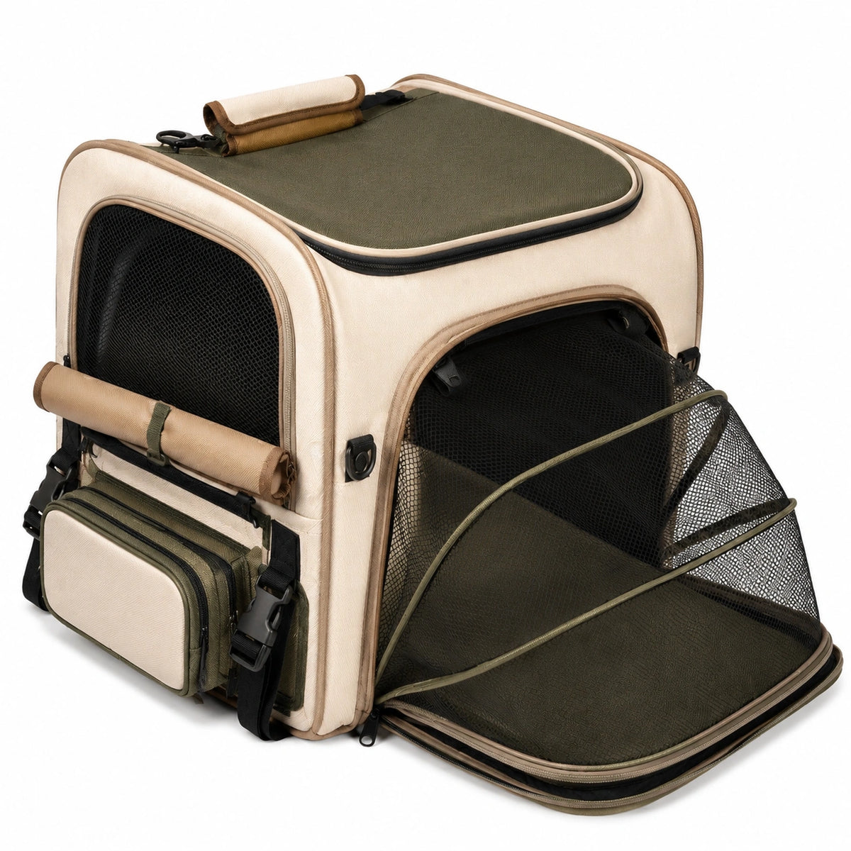Transportín para mascotas 45 x 28 x 32 cm de poliéster beige y verde con extensión de malla