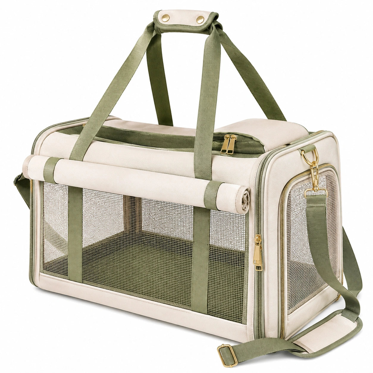 Transportín para mascotas 45 x 28 x 30 cm de tejido beige y malla verde oliva con correa ajustable