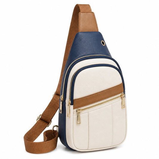 Mochila bandolera 18 x 8 x 32 cm de piel sintética azul marino blanco y marrón con bolsillos y correa ajustable