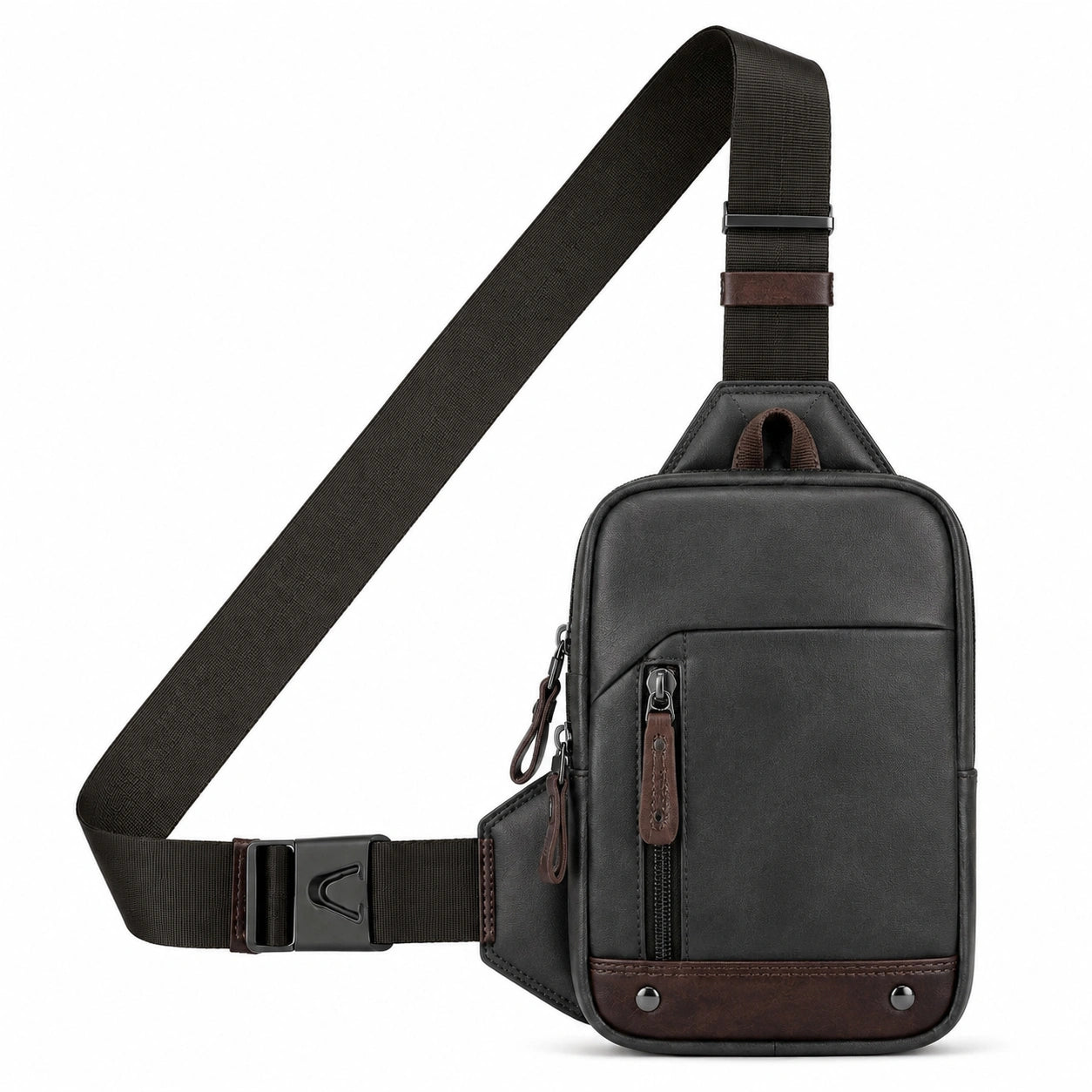Bolso bandolera 16 x 8 x 30 cm de cuero sintético negro y marrón con bolsillos y correa ajustable