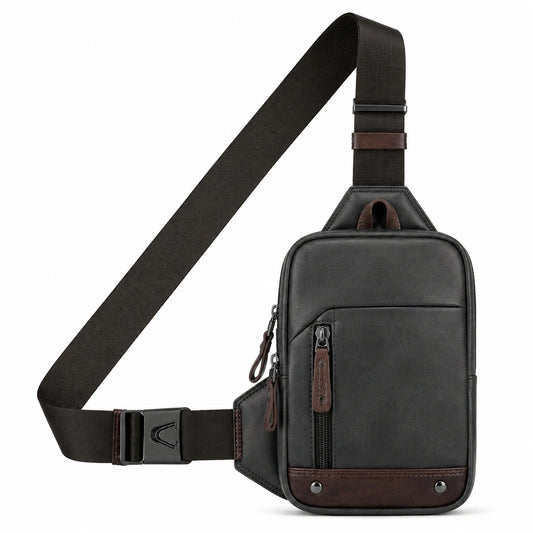 Bolso bandolera 16 x 8 x 30 cm de cuero sintético negro y marrón con bolsillos y correa ajustable