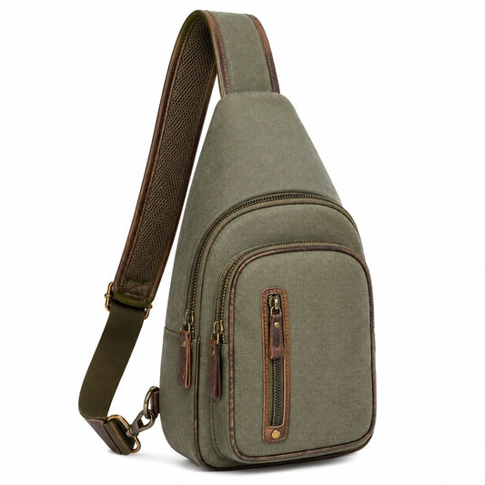 Bolso bandolera 30 x 18 x 8 cm de lona verde oliva con ribetes marrones y bolsillos con cremallera