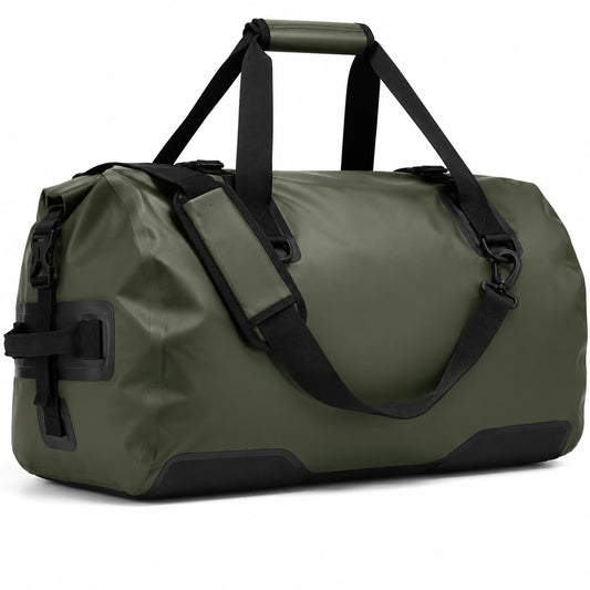 Bolsa de viaje 60 x 30 x 30 cm de material sintético verde resistente al agua con cierre enrollable