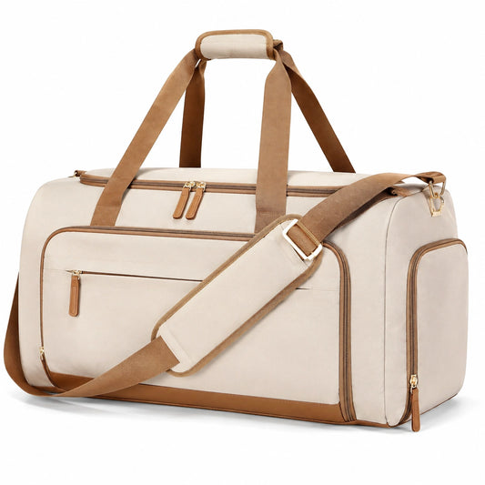 Bolsa de viaje 50 cm de lona crema y marrón con correa ajustable