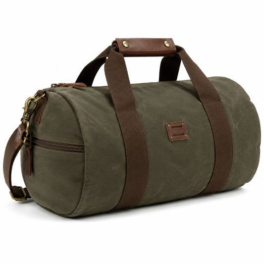Bolsa de viaje cilíndrica 45 cm de lona verde con detalles de piel