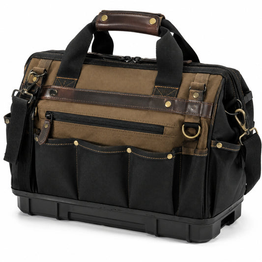 Bolsa de herramientas 42 cm de tejido negro y marrón con múltiples bolsillos y correa de hombro