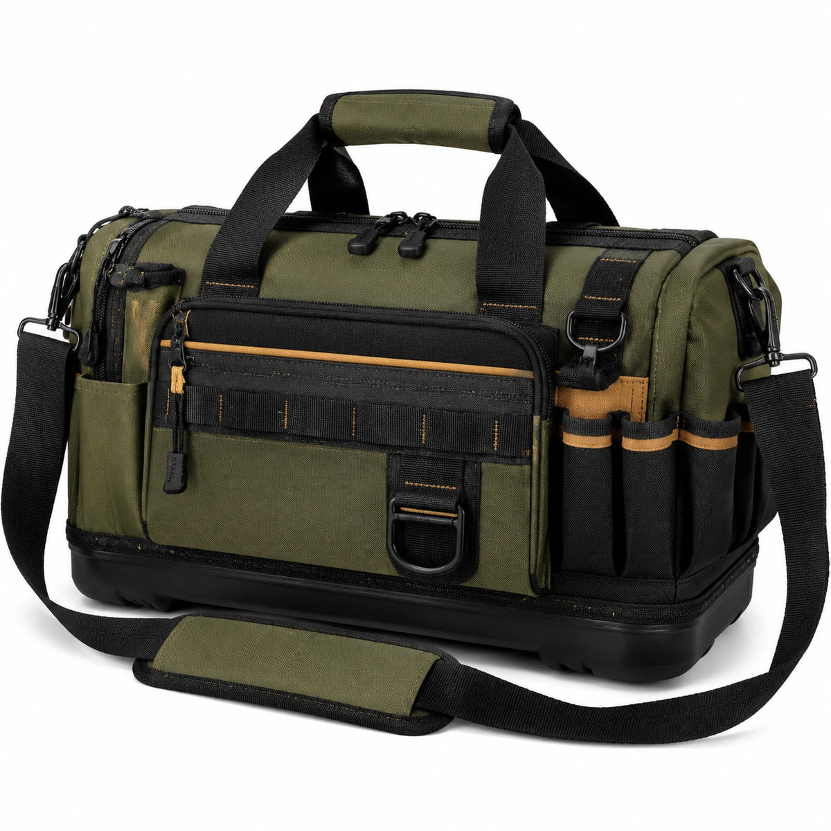 Bolsa de herramientas 40 x 20 x 28 cm de poliéster verde y negro con múltiples bolsillos y correa de hombro