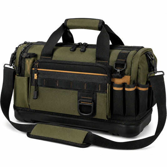 Bolsa de herramientas 40 x 20 x 28 cm de poliéster verde y negro con múltiples bolsillos y correa de hombro