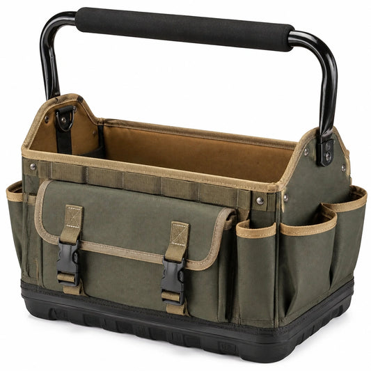 Bolsa organizadora de herramientas 40 x 25 x 30 cm de tejido verde con asa metálica y bolsillos