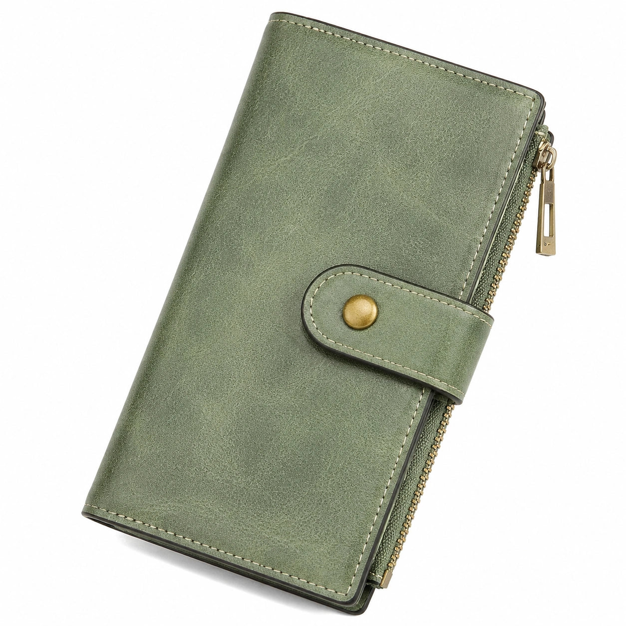 Cartera larga 19 x 10 x 3 cm de material sintético verde con cremallera y cierre de botón