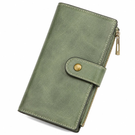 Cartera larga 19 x 10 x 3 cm de material sintético verde con cremallera y cierre de botón