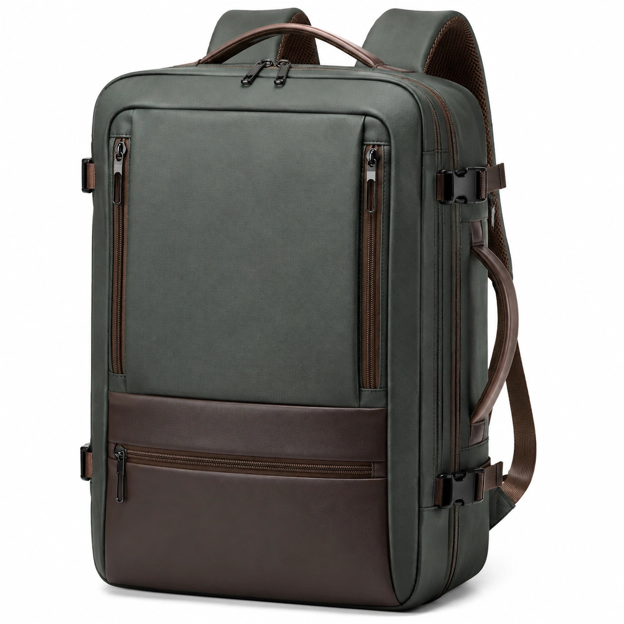 Mochila de viaje 50 cm de tejido sintético verde oscuro y marrón con compartimentos y asas