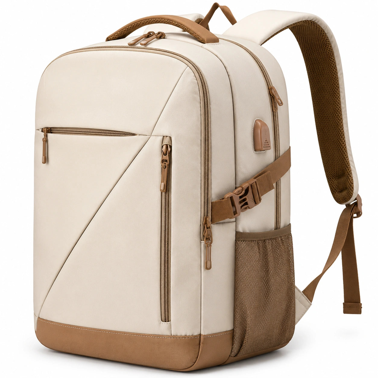 Mochila rectangular 32 x 18 x 45 cm de poliéster beige y marrón con bolsillos y correas acolchadas