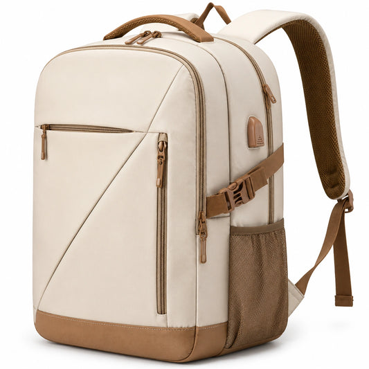 Mochila rectangular 32 x 18 x 45 cm de poliéster beige y marrón con bolsillos y correas acolchadas