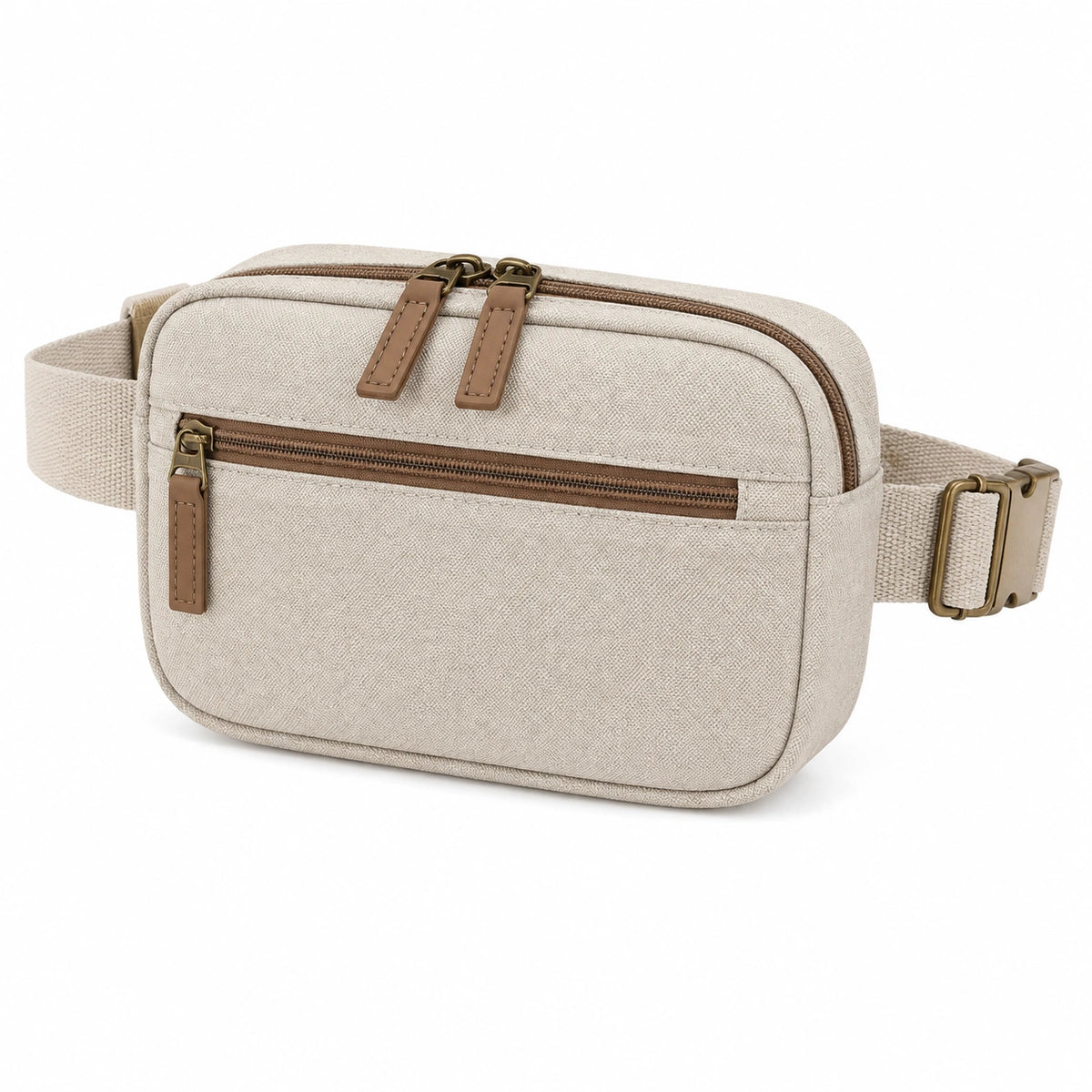 Riñonera 25 x 8 x 16 cm de tejido beige con cremallera y correa ajustable