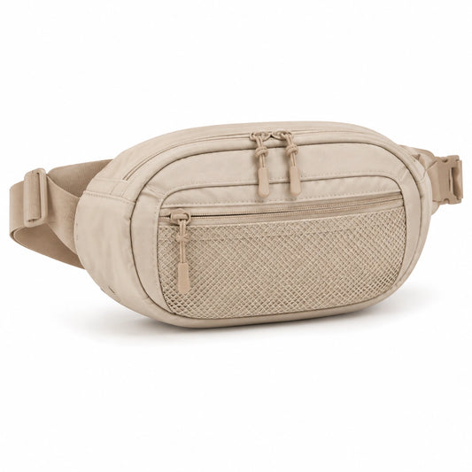Riñonera 30 x 8 x 16 cm de tejido sintético beige - con correa ajustable y bolsillos