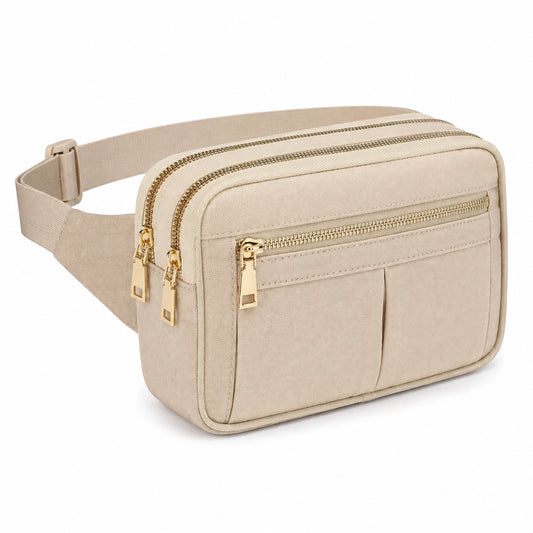 Riñonera 30 x 8 x 17 cm de tejido beige con correa ajustable y bolsillos con cremallera