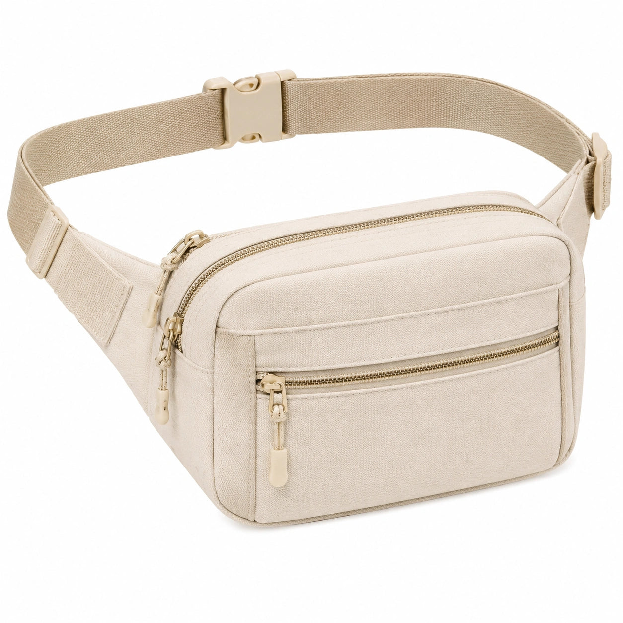 Riñonera 30 x 8 x 15 cm de tejido beige con correa ajustable y bolsillos con cremallera