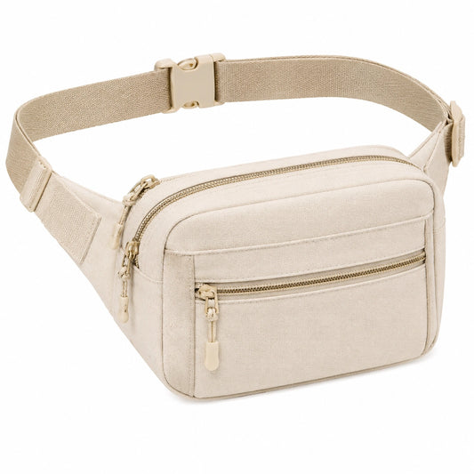 Riñonera 30 x 8 x 15 cm de tejido beige con correa ajustable y bolsillos con cremallera