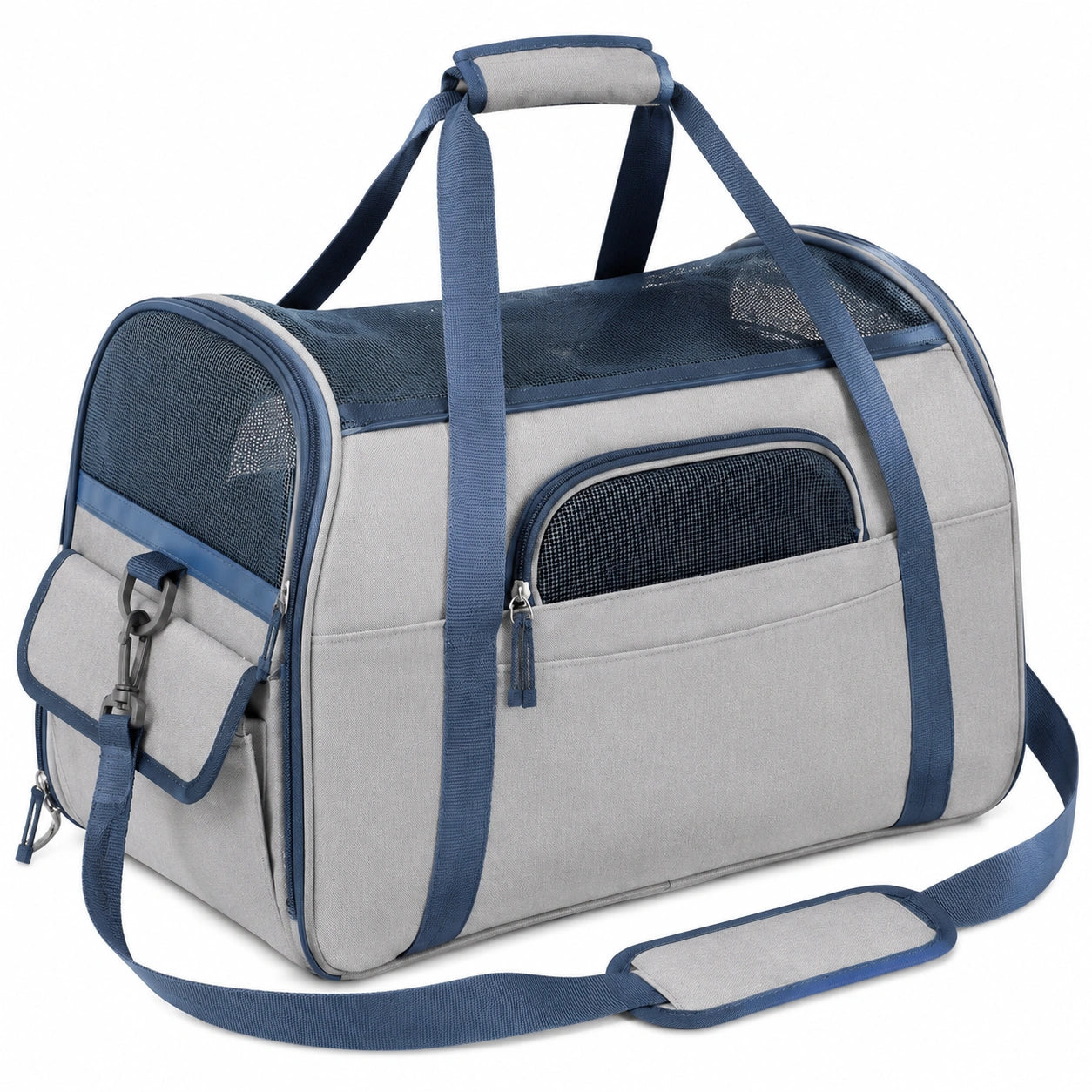 Bolsa de transporte para mascotas 45 x 28 x 30 cm de poliéster gris y azul con malla y correa ajustable
