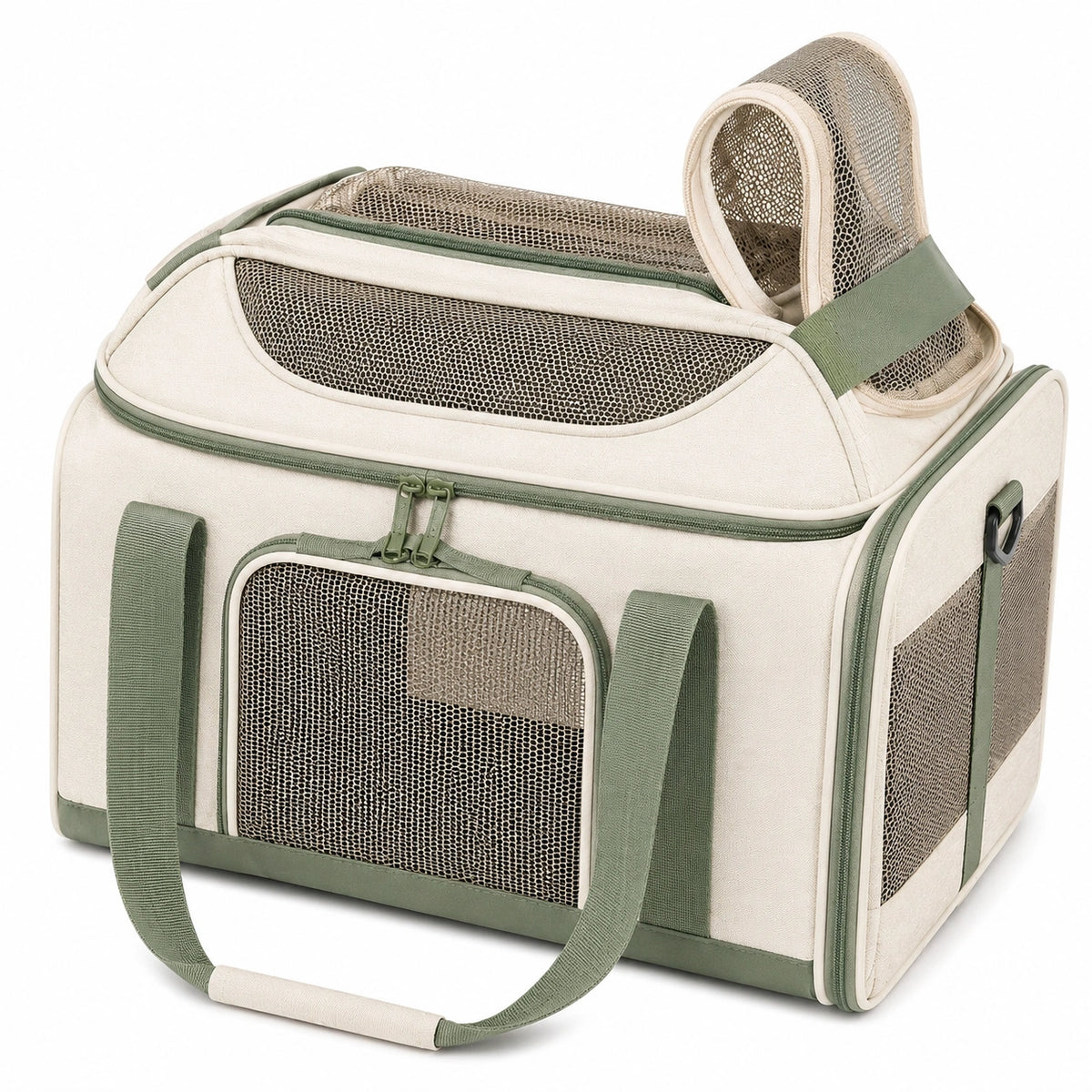 Bolsa transportín para mascotas 45 x 30 x 30 cm de tejido y malla beige verde con ventilación plegable