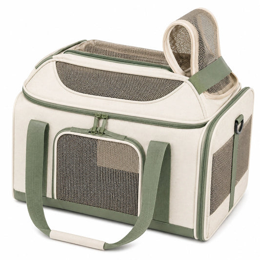 Bolsa transportín para mascotas 45 x 30 x 30 cm de tejido y malla beige verde con ventilación plegable