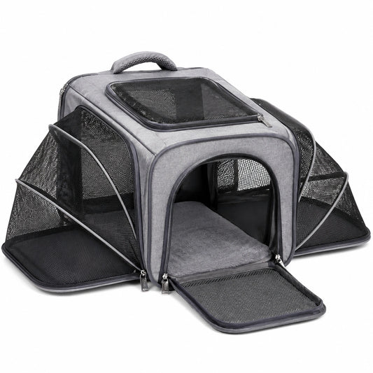 Transportín para mascotas 45 x 30 x 30 cm de tejido sintético gris con malla - plegable y extensible