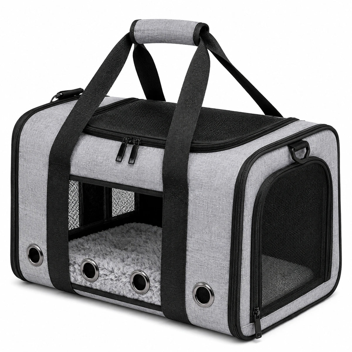 Transportín para mascotas 45 x 30 x 30 cm de poliéster gris y negro plegable con malla
