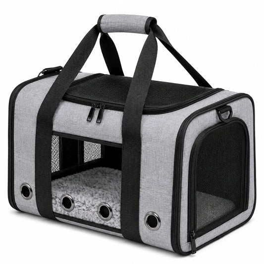 Transportín para mascotas 45 x 30 x 30 cm de poliéster gris y negro plegable con malla