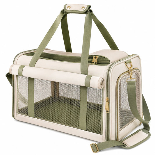 Transportín para mascotas 45 x 28 x 30 cm de tejido beige y malla verde oliva con correa ajustable