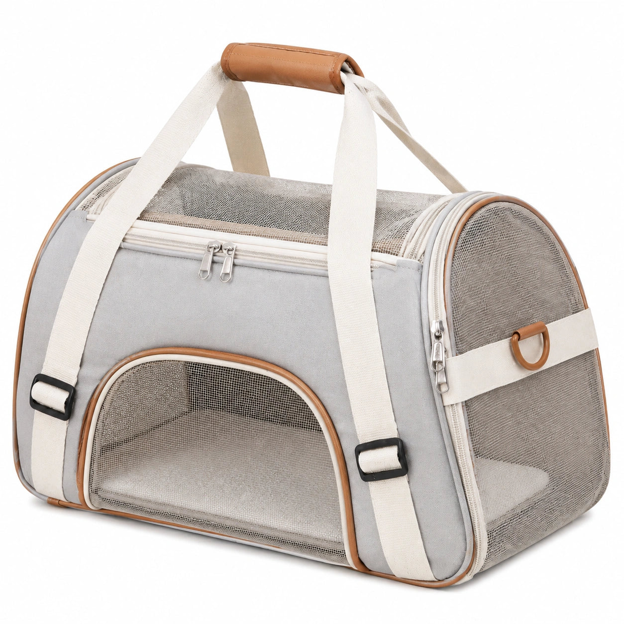 Bolsa transportín para mascotas 45 x 28 x 30 cm de tejido gris con malla y correa ajustable